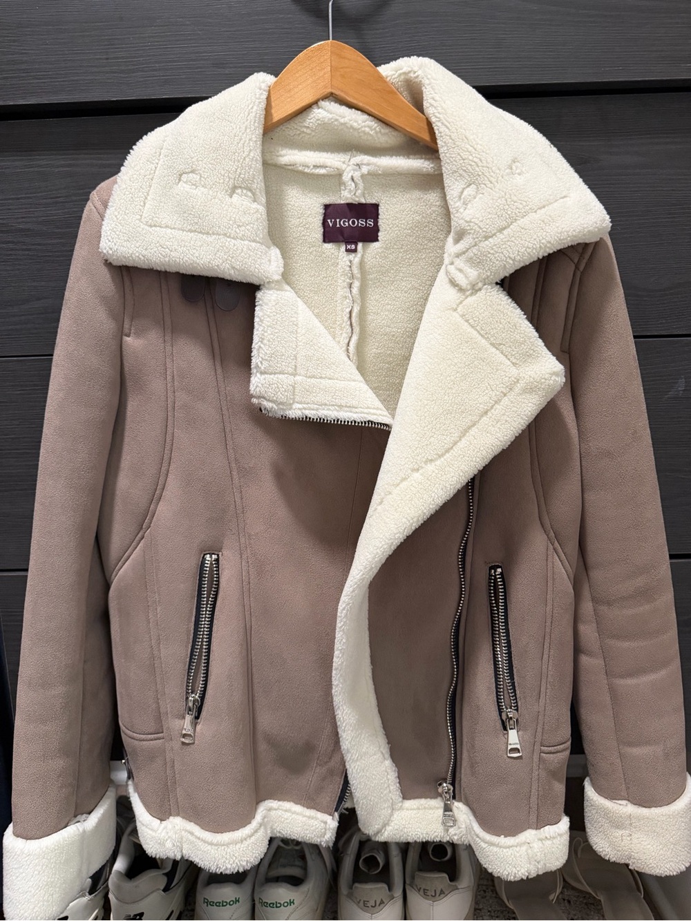Vigoss Taupe Faux Shearling Moto Jacket with Cream Lining
